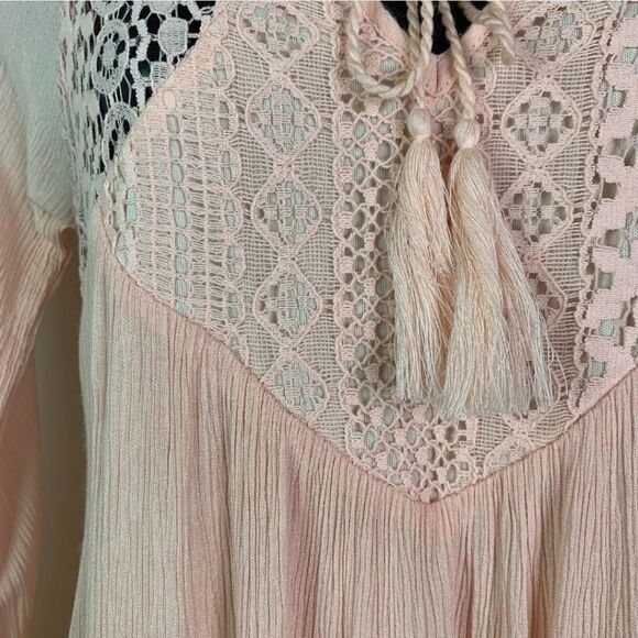 PURPLE Snow Boho Tunic Top Pale Pink Gauze Crochet Long Sleeves Size: L - Picture 5 of 9